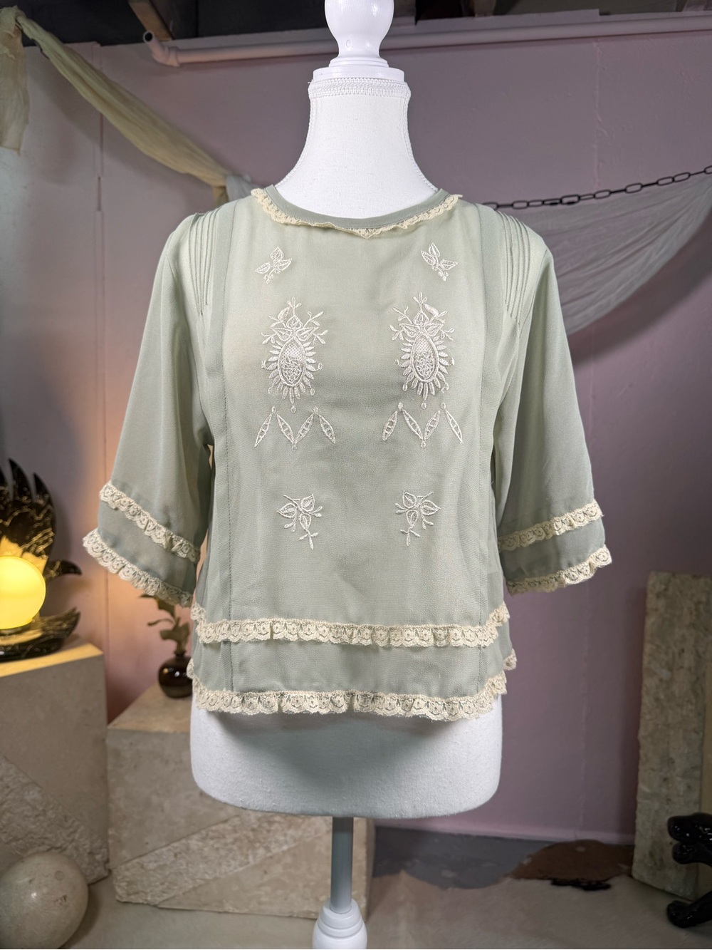 Vintage Sage Green Embroidered Lace Mesh Blouse Medium